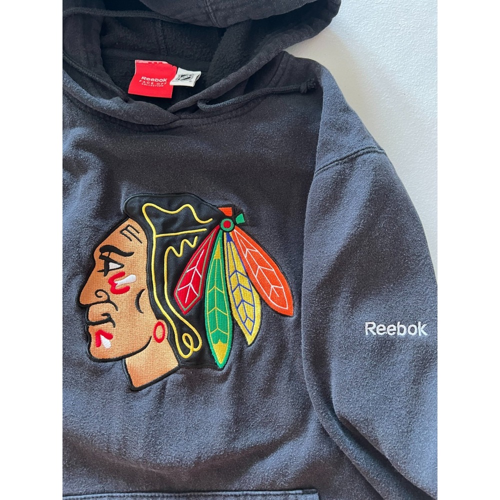 Reebok NHL Face Off Chicago Blackhawks Hoodie Sweatshirt Mens Large Black Y2K